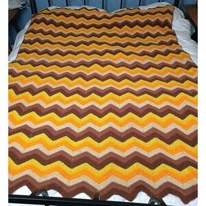 Hand Made Crochet Afghan Throw Blanket 77x52" Brown Orange Chevron